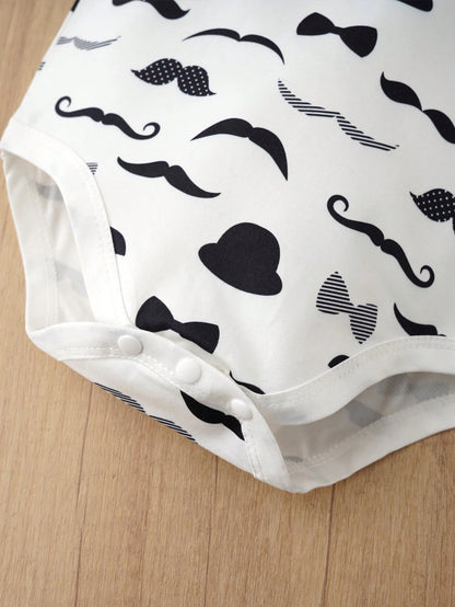 Baby Gentleman Outfit Mustache Print Short Sleeve Shirt With Tie, Formal Suit Set For Infant Boys, Newborn/1st Birthday Gift