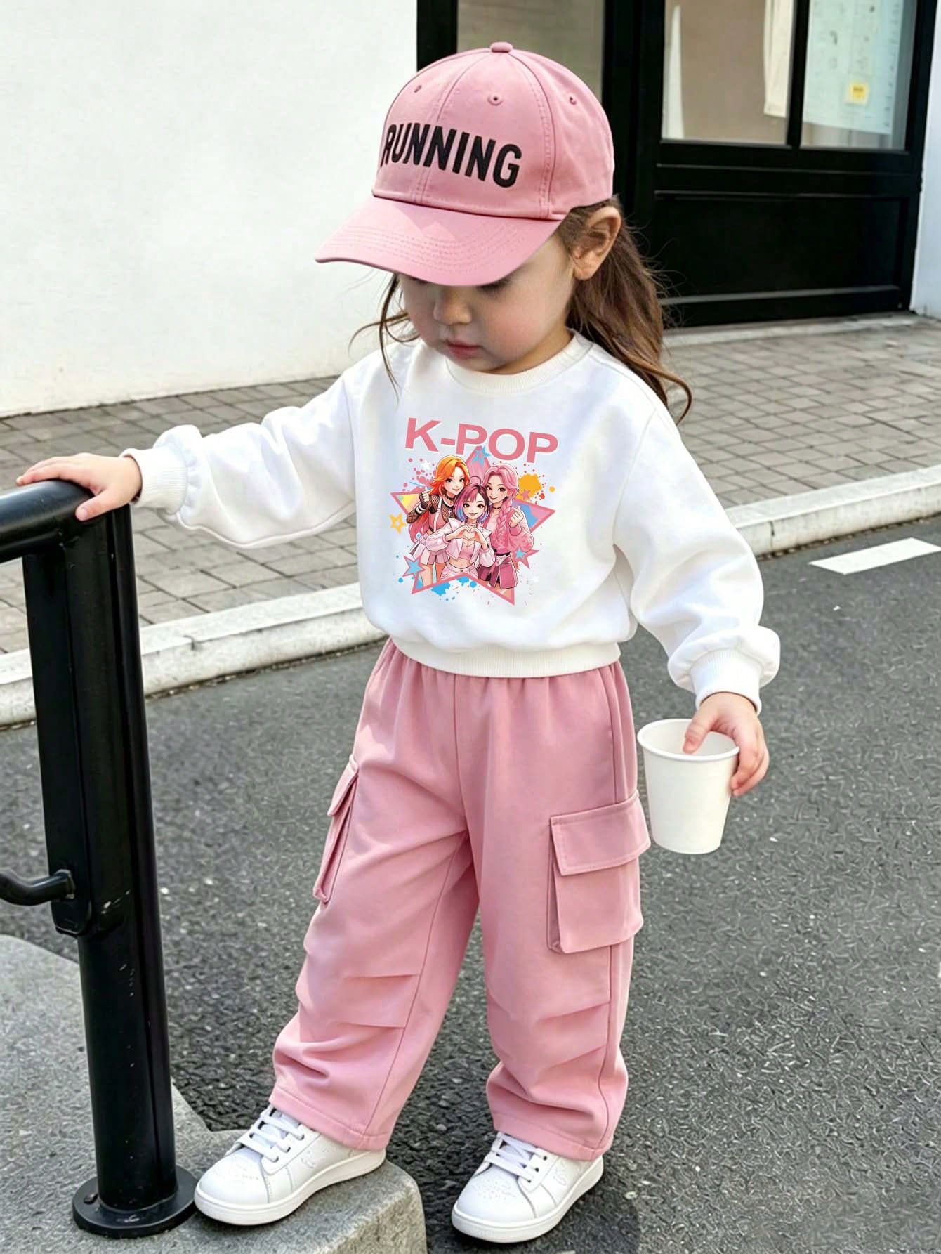 Baby Girl Cartoon Print Warm Crew Neck Sweatshirt And Cargo Pants