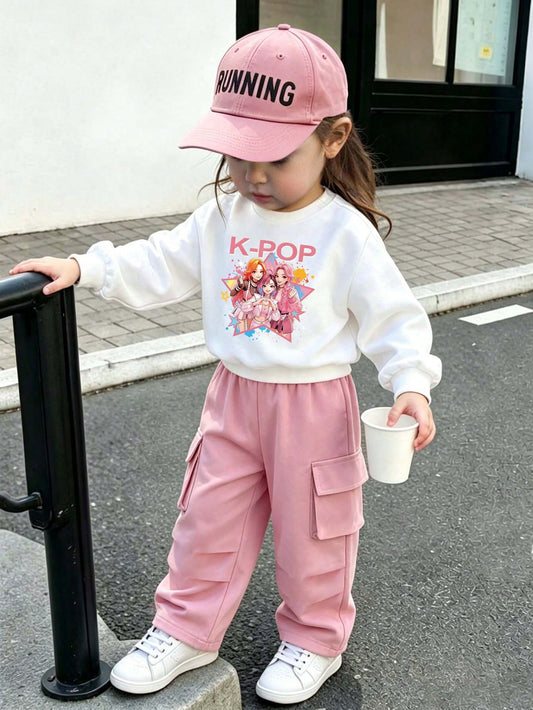 Baby Girl Cartoon Print Warm Crew Neck Sweatshirt And Cargo Pants