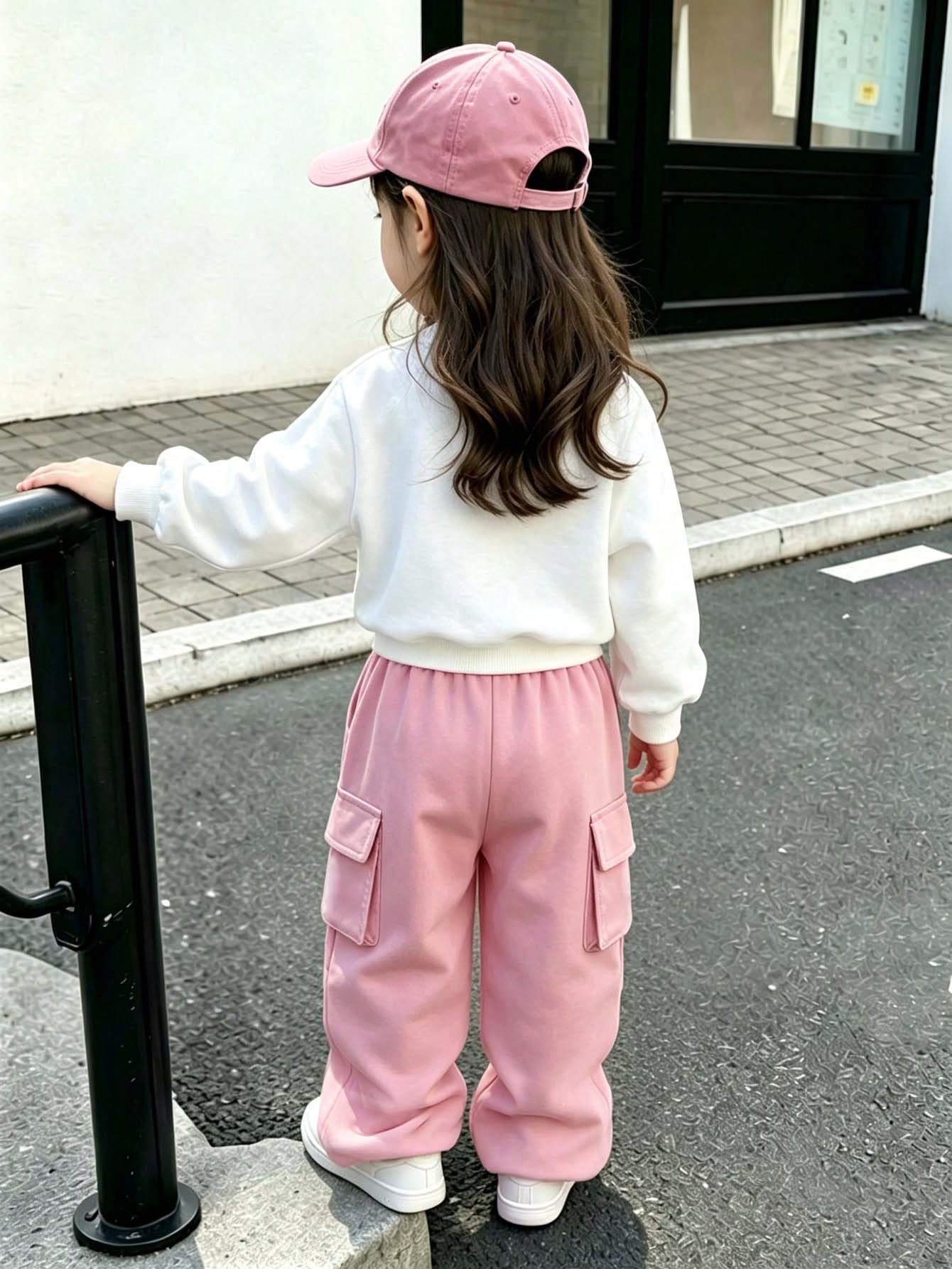 Baby Girl Cartoon Print Warm Crew Neck Sweatshirt And Cargo Pants
