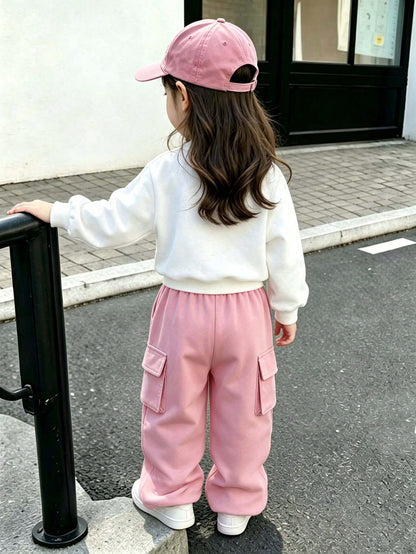 Baby Girl Cartoon Print Warm Crew Neck Sweatshirt And Cargo Pants
