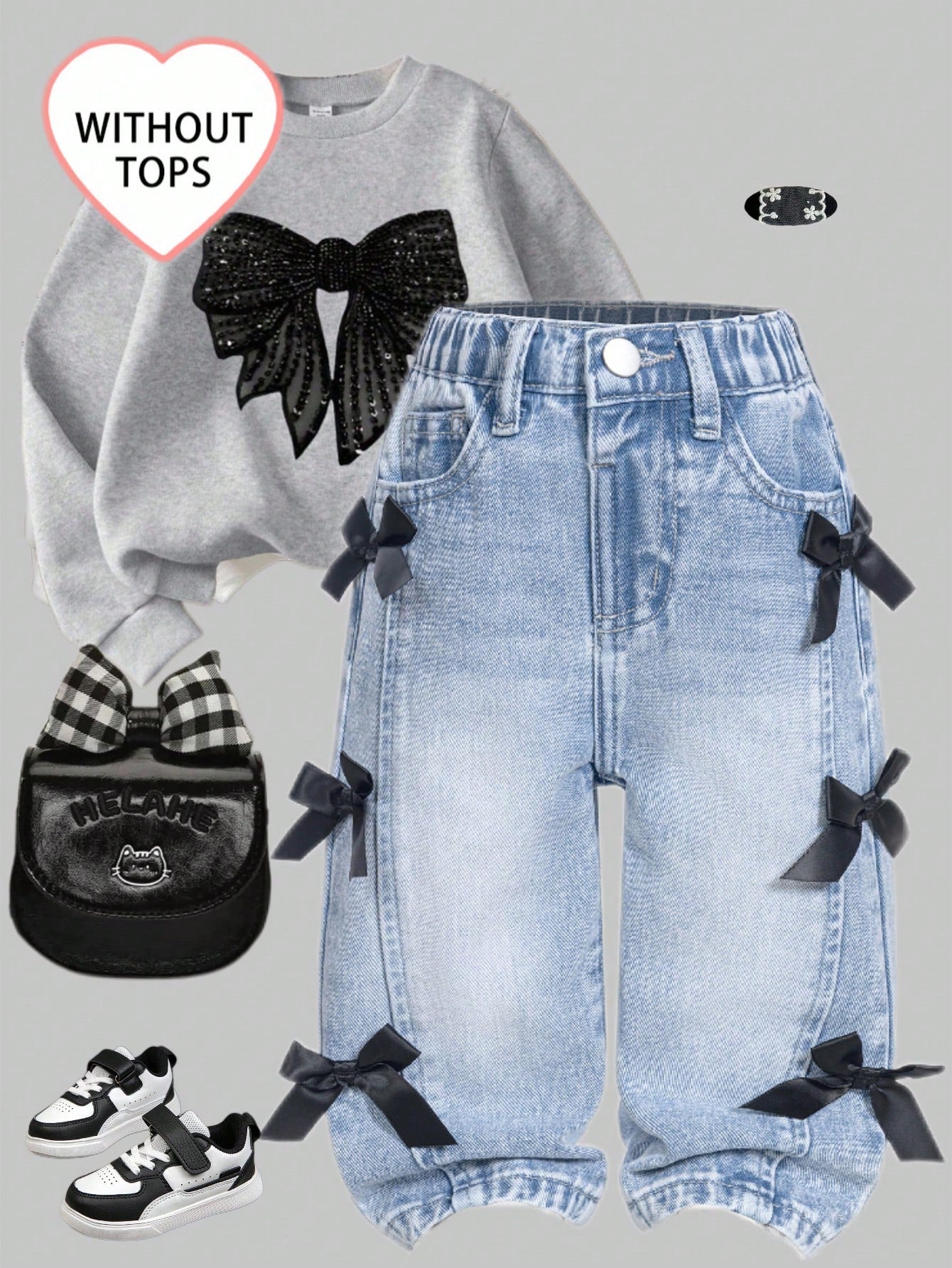 Baby Girl Casual Distressed Bow Decor Washed Denim Jeans