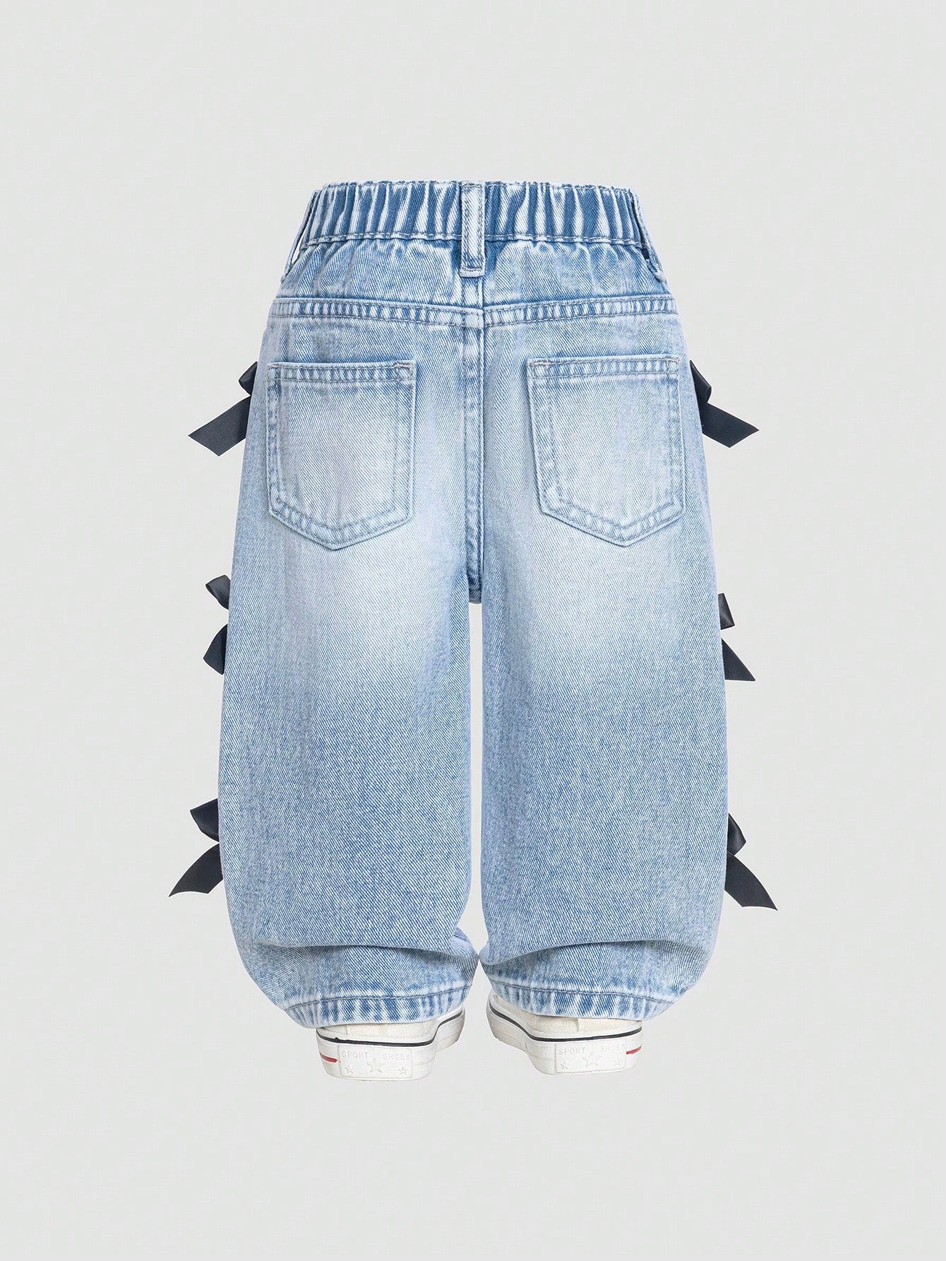 Baby Girl Casual Distressed Bow Decor Washed Denim Jeans