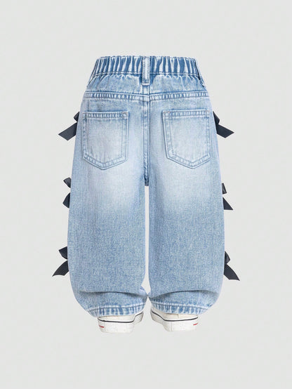 Baby Girl Casual Distressed Bow Decor Washed Denim Jeans