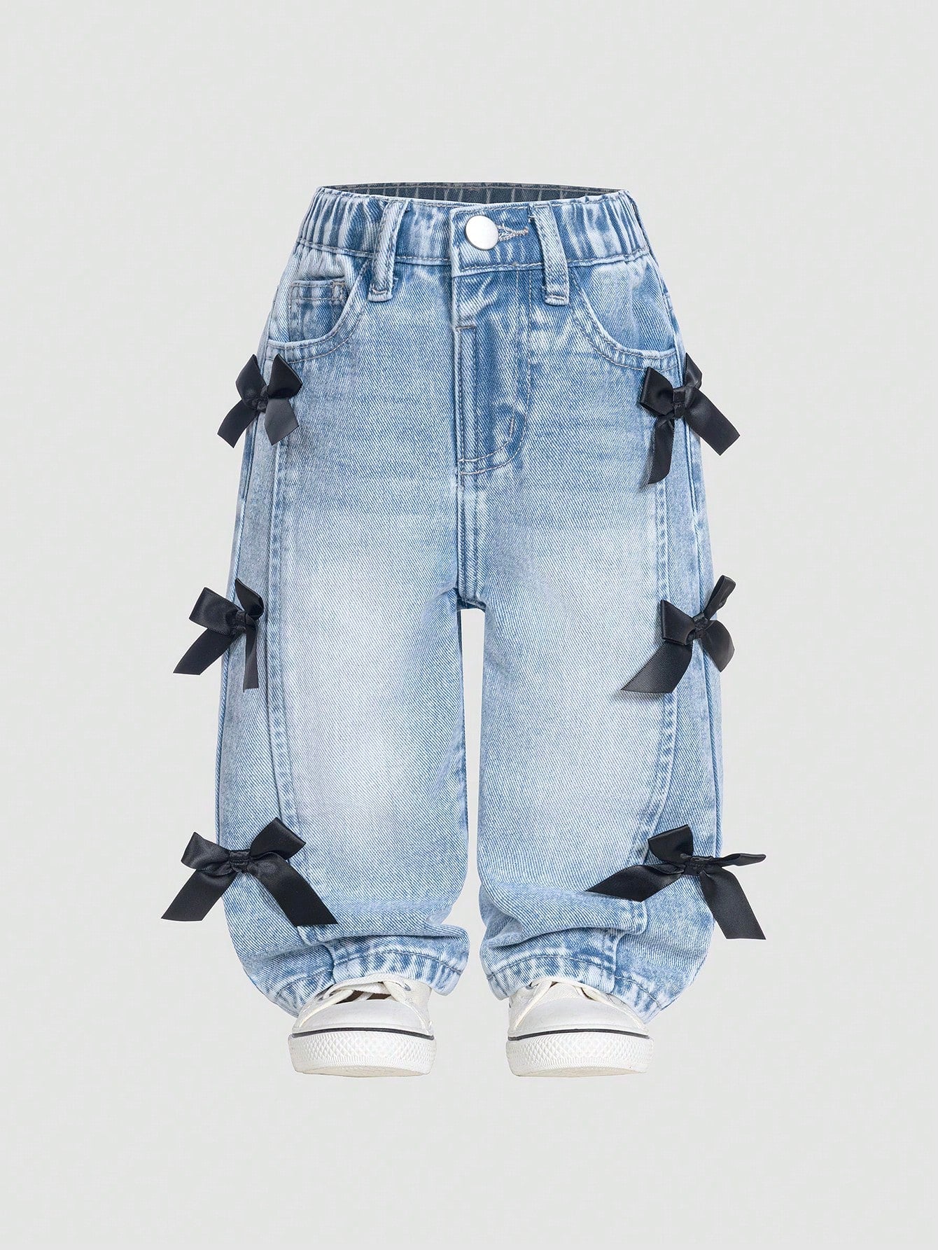 Baby Girl Casual Distressed Bow Decor Washed Denim Jeans