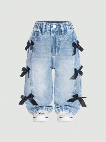 Baby Girl Casual Distressed Bow Decor Washed Denim Jeans