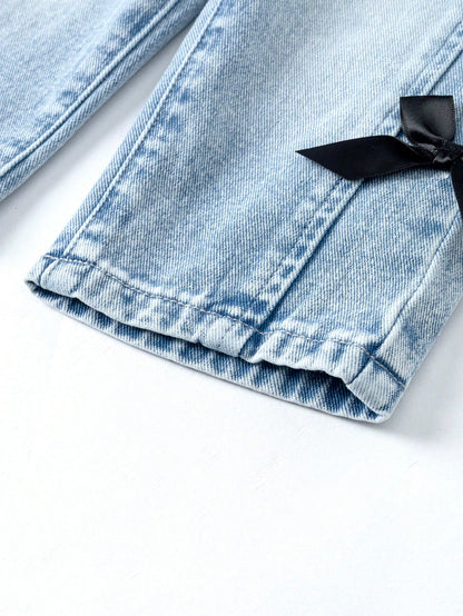 Baby Girl Casual Distressed Bow Decor Washed Denim Jeans