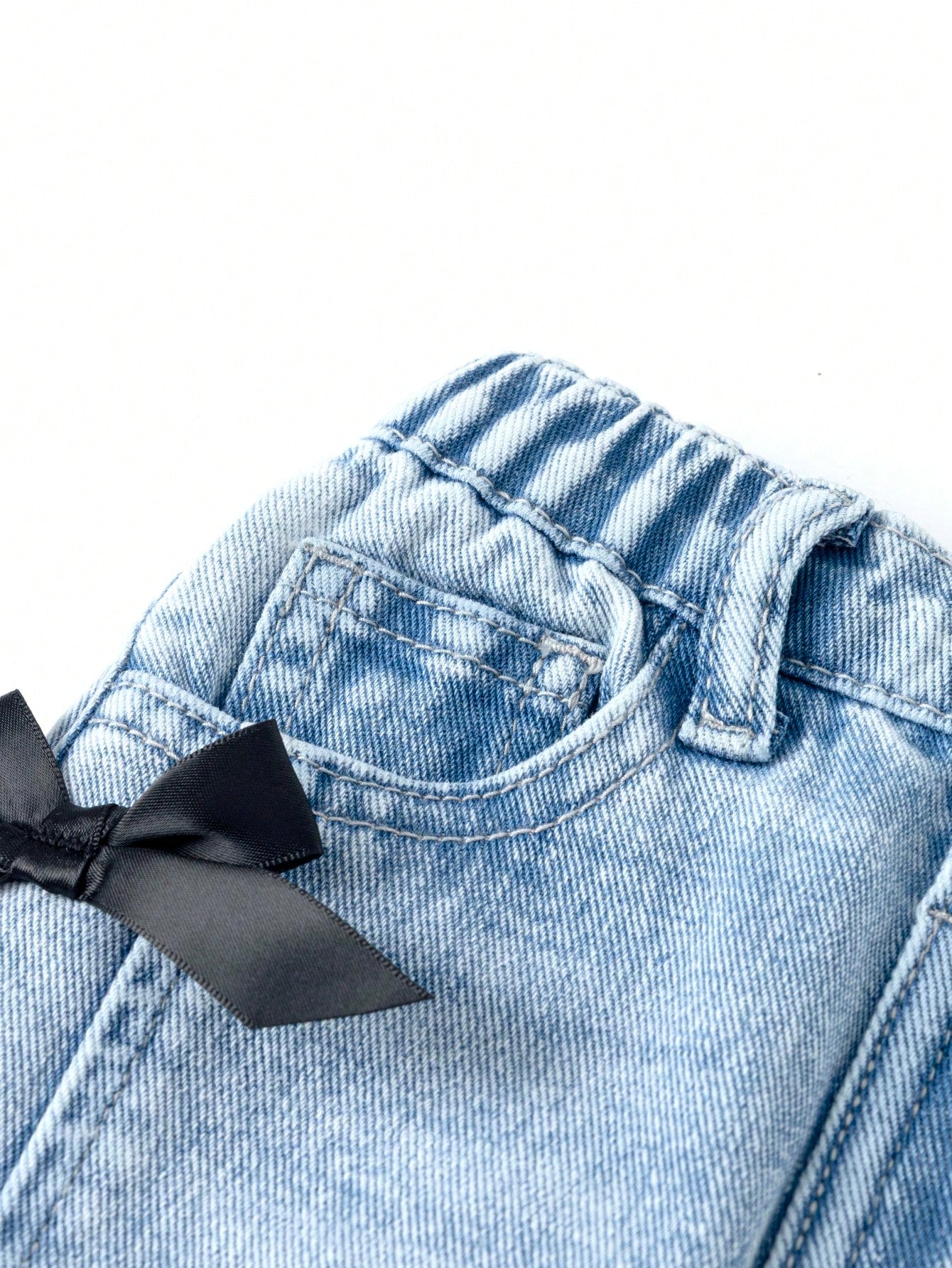 Baby Girl Casual Distressed Bow Decor Washed Denim Jeans