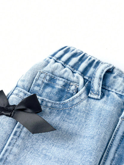 Baby Girl Casual Distressed Bow Decor Washed Denim Jeans
