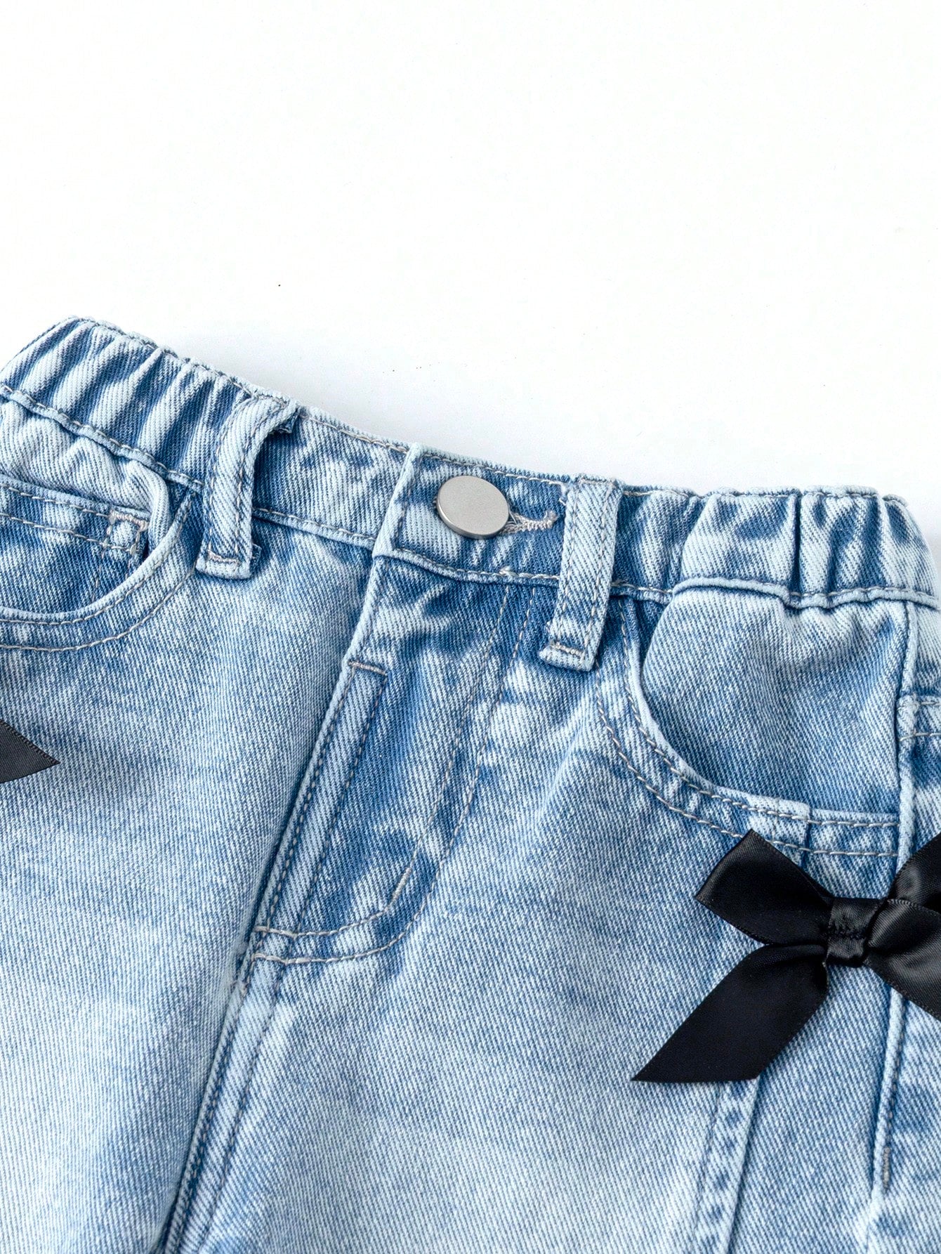 Baby Girl Casual Distressed Bow Decor Washed Denim Jeans