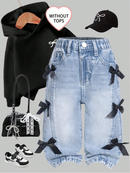 Baby Girl Casual Distressed Bow Decor Washed Denim Jeans