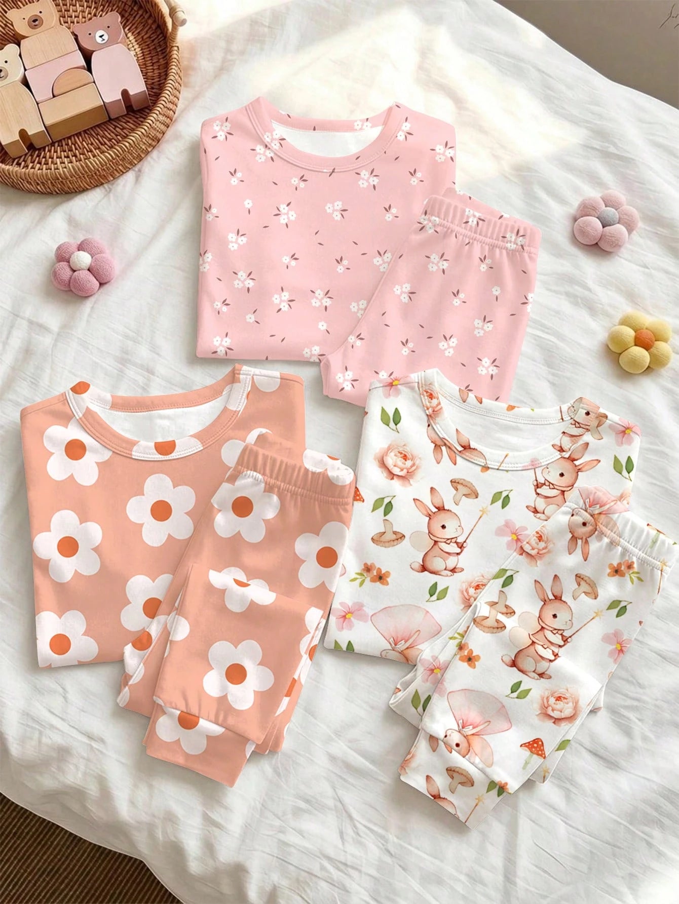 Baby Girl Casual Minimalist Cute Sweet Pastoral Floral Rabbit Print, Slim Fit Round Neck Long Sleeve Long Pants Loungewear Multi-Piece Set Suitable For Autumn/Winter, Snug Fit, [2 Random Of 3]Cozykawa
