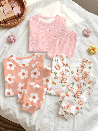 Baby Girl Casual Minimalist Cute Sweet Pastoral Floral Rabbit Print, Slim Fit Round Neck Long Sleeve Long Pants Loungewear Multi-Piece Set Suitable For Autumn/Winter, Snug Fit, [2 Random Of 3]Cozykawa