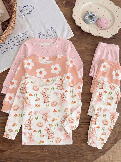 Baby Girl Casual Minimalist Cute Sweet Pastoral Floral Rabbit Print, Slim Fit Round Neck Long Sleeve Long Pants Loungewear Multi-Piece Set Suitable For Autumn/Winter, Snug Fit, [2 Random Of 3]Cozykawa