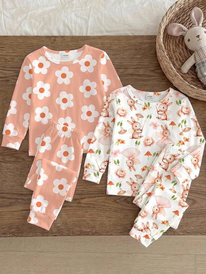 Baby Girl Casual Minimalist Cute Sweet Pastoral Floral Rabbit Print, Slim Fit Round Neck Long Sleeve Long Pants Loungewear Multi-Piece Set Suitable For Autumn/Winter, Snug Fit, [2 Random Of 3]Cozykawa