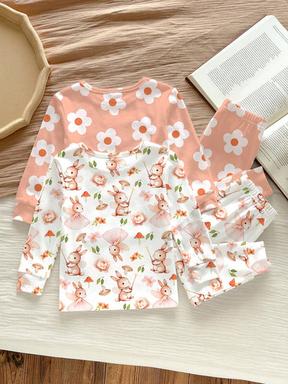 Baby Girl Casual Minimalist Cute Sweet Pastoral Floral Rabbit Print, Slim Fit Round Neck Long Sleeve Long Pants Loungewear Multi-Piece Set Suitable For Autumn/Winter, Snug Fit, [2 Random Of 3]Cozykawa