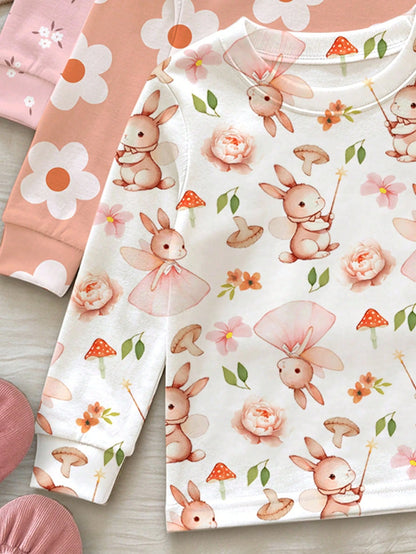 Baby Girl Casual Minimalist Cute Sweet Pastoral Floral Rabbit Print, Slim Fit Round Neck Long Sleeve Long Pants Loungewear Multi-Piece Set Suitable For Autumn/Winter, Snug Fit, [2 Random Of 3]Cozykawa