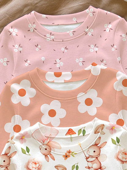 Baby Girl Casual Minimalist Cute Sweet Pastoral Floral Rabbit Print, Slim Fit Round Neck Long Sleeve Long Pants Loungewear Multi-Piece Set Suitable For Autumn/Winter, Snug Fit, [2 Random Of 3]Cozykawa