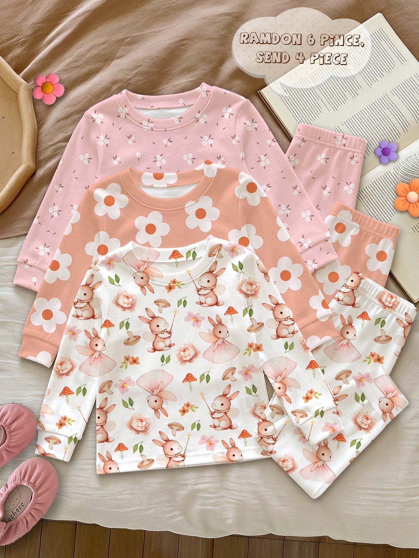 Baby Girl Casual Minimalist Cute Sweet Pastoral Floral Rabbit Print, Slim Fit Round Neck Long Sleeve Long Pants Loungewear Multi-Piece Set Suitable For Autumn/Winter, Snug Fit, [2 Random Of 3]Cozykawa