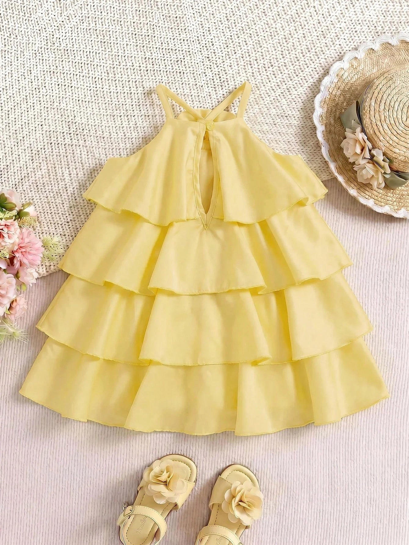 Baby Girl Cute & Elegant Yellow Ruffle Stereo Floral Sleeveless Dress Spring Elegant Dress