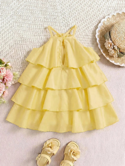 Baby Girl Cute & Elegant Yellow Ruffle Stereo Floral Sleeveless Dress Spring Elegant Dress
