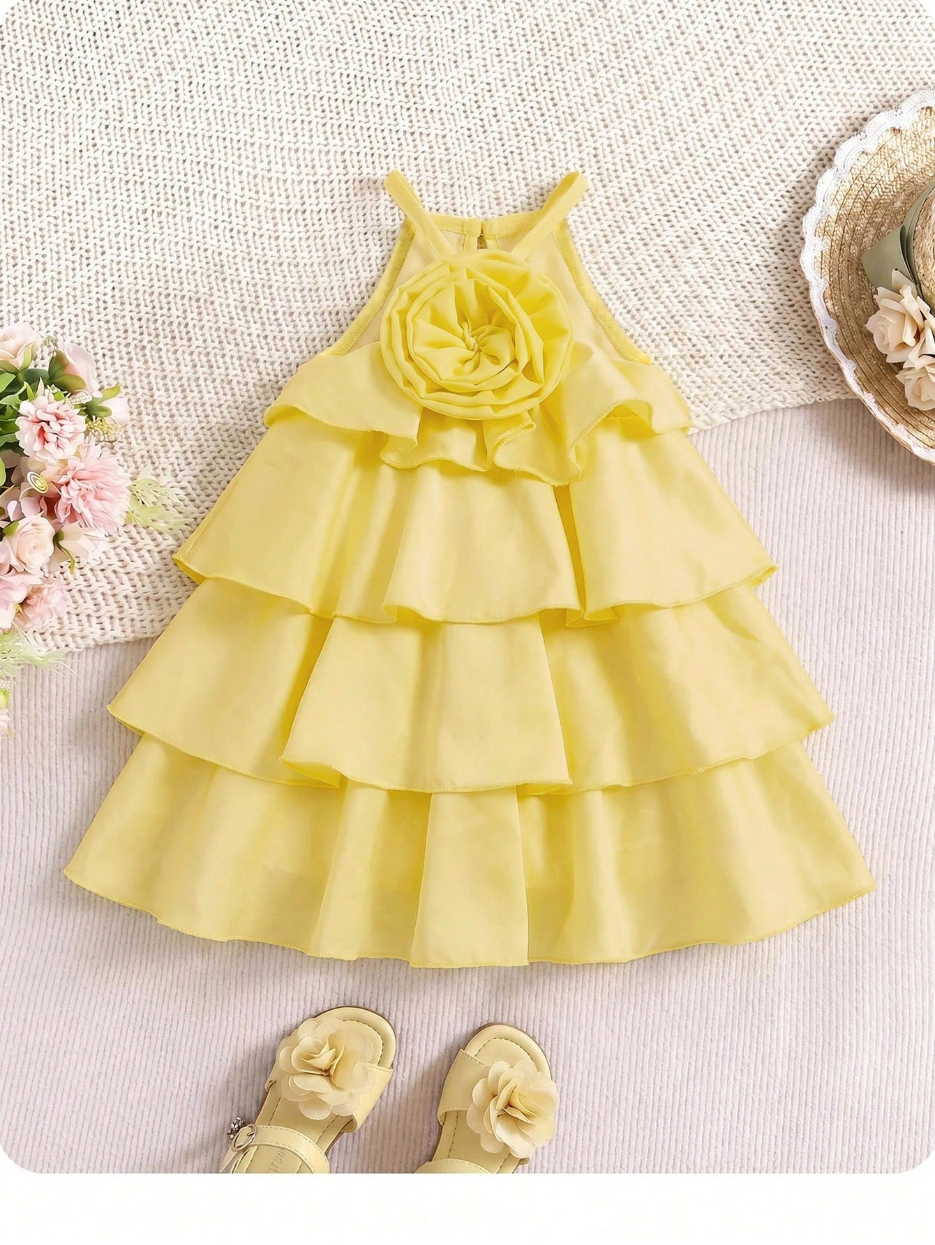 Baby Girl Cute & Elegant Yellow Ruffle Stereo Floral Sleeveless Dress Spring Elegant Dress