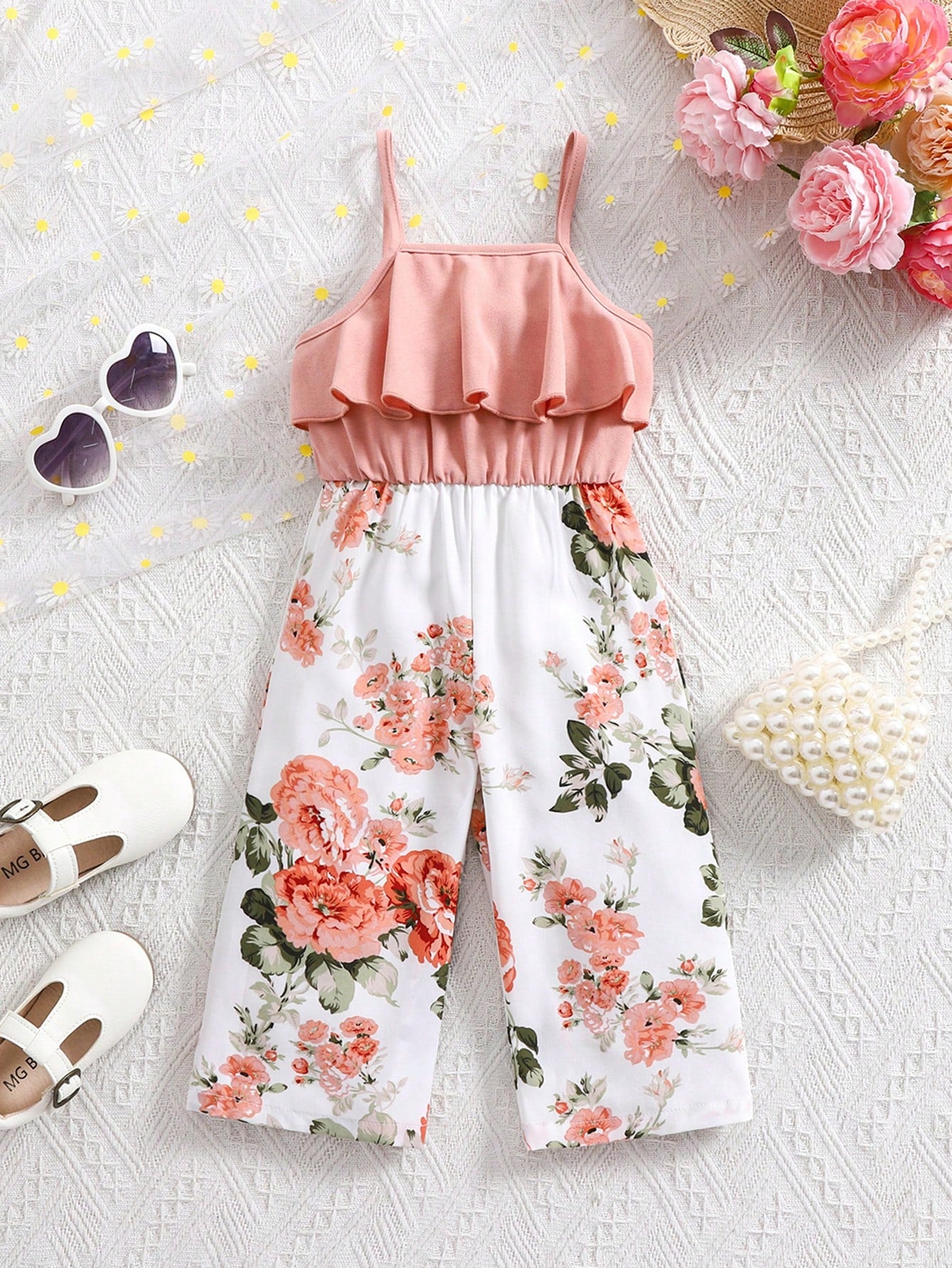Baby Girl Cute Floral Print Sleeveless Jumpsuit, Summer