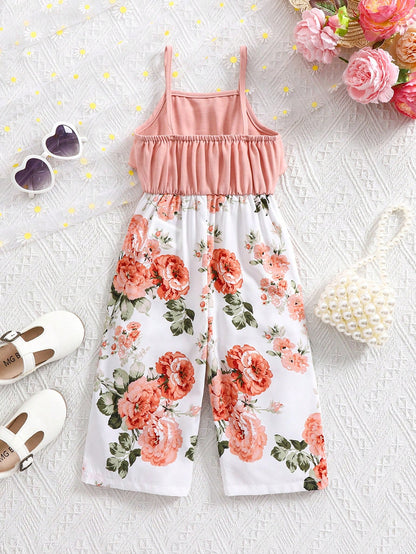 Baby Girl Cute Floral Print Sleeveless Jumpsuit, Summer