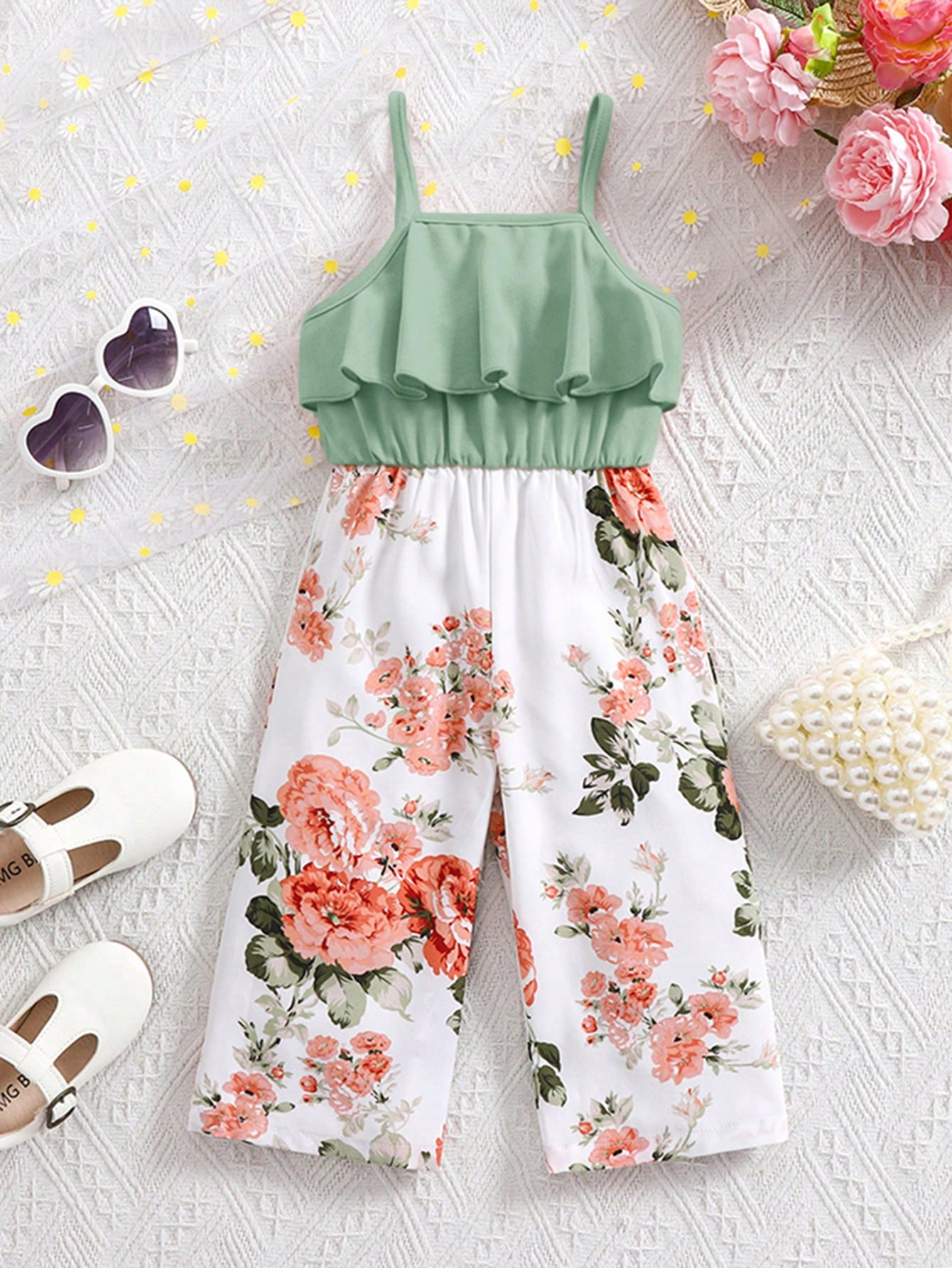 Baby Girl Cute Floral Print Sleeveless Jumpsuit, Summer
