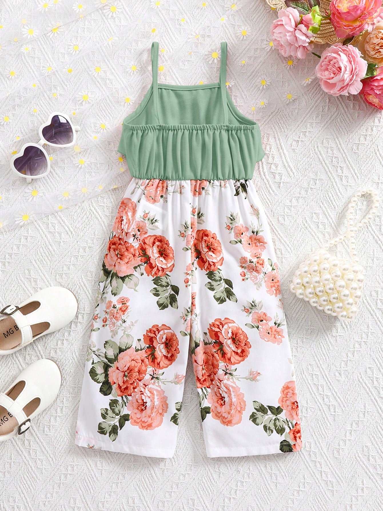 Baby Girl Cute Floral Print Sleeveless Jumpsuit, Summer