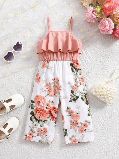 Baby Girl Cute Floral Print Sleeveless Jumpsuit, Summer