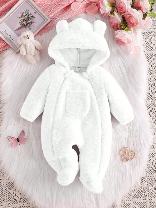 Baby Girl Fluffy Ear Pocket Hooded Long Sleeve Pajama Romper, Warm & Soft Comfortable Elegant Simple Pink Jumpsuit Loungewear