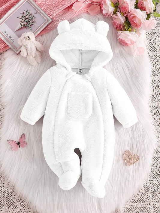 Baby Girl Fluffy Ear Pocket Hooded Long Sleeve Pajama Romper, Warm & Soft Comfortable Elegant Simple Pink Jumpsuit Loungewear