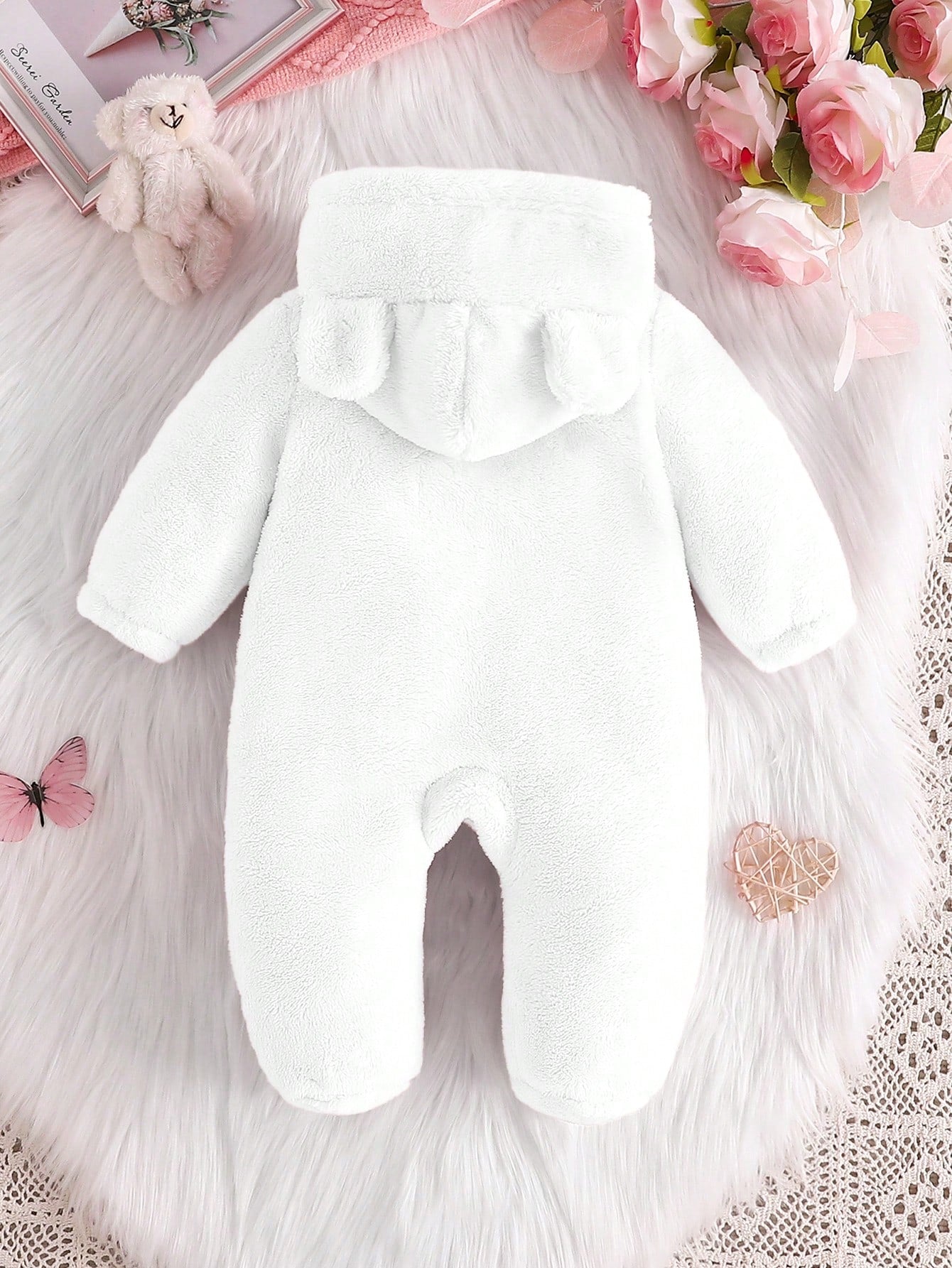 Baby Girl Fluffy Ear Pocket Hooded Long Sleeve Pajama Romper, Warm & Soft Comfortable Elegant Simple Pink Jumpsuit Loungewear