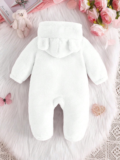 Baby Girl Fluffy Ear Pocket Hooded Long Sleeve Pajama Romper, Warm & Soft Comfortable Elegant Simple Pink Jumpsuit Loungewear