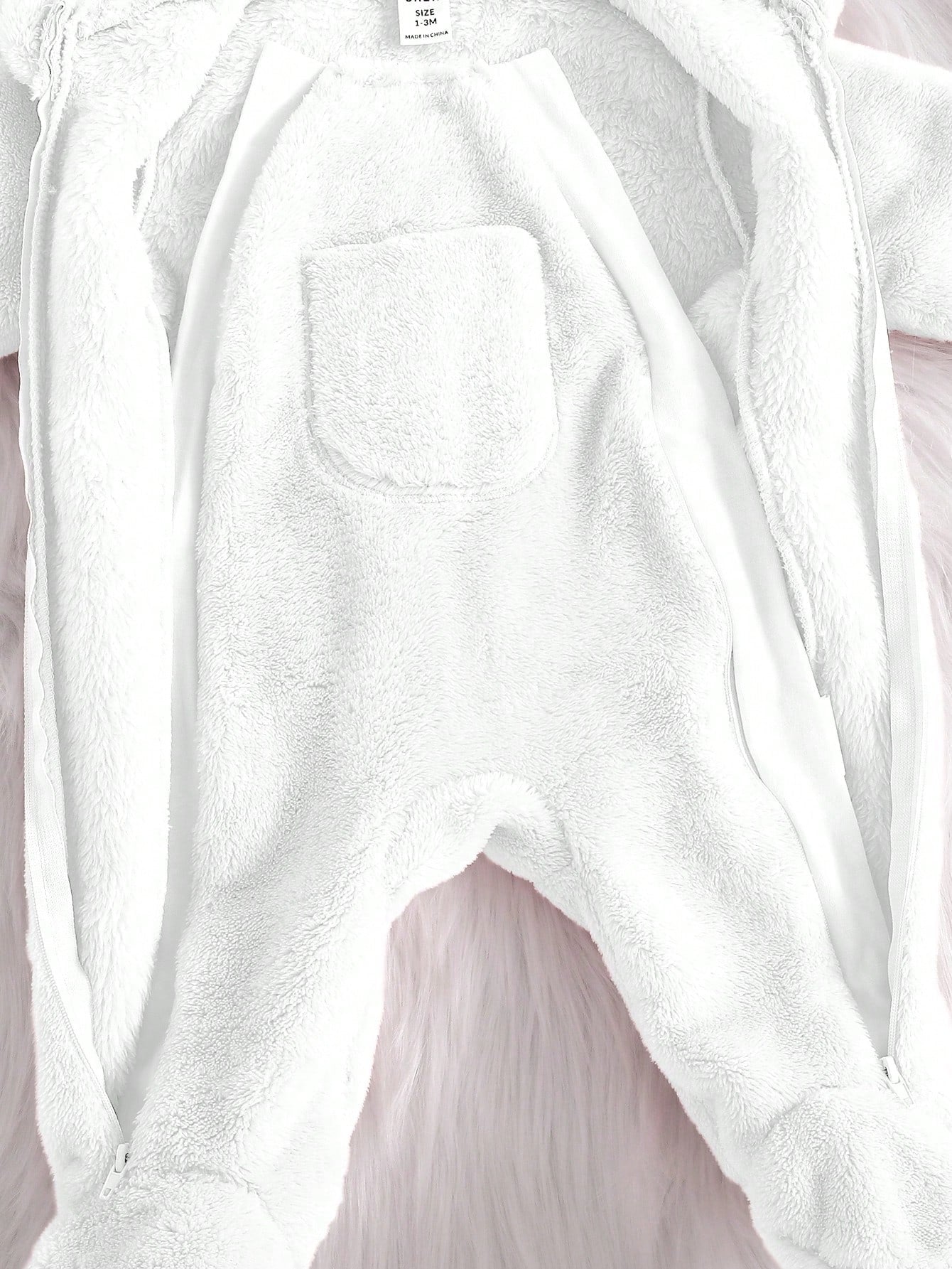 Baby Girl Fluffy Ear Pocket Hooded Long Sleeve Pajama Romper, Warm & Soft Comfortable Elegant Simple Pink Jumpsuit Loungewear