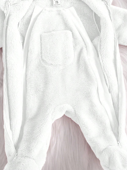 Baby Girl Fluffy Ear Pocket Hooded Long Sleeve Pajama Romper, Warm & Soft Comfortable Elegant Simple Pink Jumpsuit Loungewear