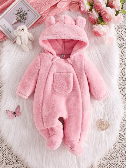 Baby Girl Fluffy Ear Pocket Hooded Long Sleeve Pajama Romper, Warm & Soft Comfortable Elegant Simple Pink Jumpsuit Loungewear
