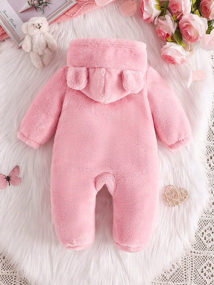 Baby Girl Fluffy Ear Pocket Hooded Long Sleeve Pajama Romper, Warm & Soft Comfortable Elegant Simple Pink Jumpsuit Loungewear