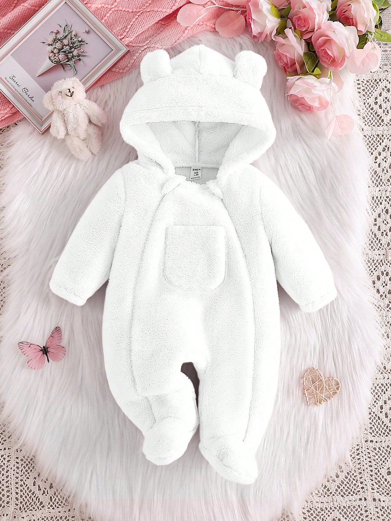 Baby Girl Fluffy Ear Pocket Hooded Long Sleeve Pajama Romper, Warm & Soft Comfortable Elegant Simple Pink Jumpsuit Loungewear