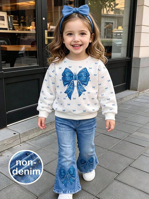 Baby Girl Knitted Round Neck Fitted Bow Pattern Sweatshirt And Flared Long Pants 2 Pieces Set