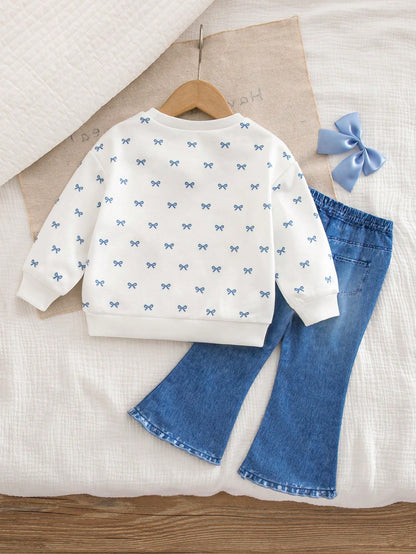 Baby Girl Knitted Round Neck Fitted Bow Pattern Sweatshirt And Flared Long Pants 2 Pieces Set