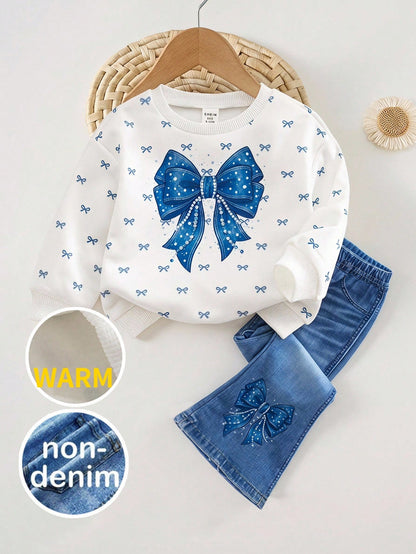Baby Girl Knitted Round Neck Fitted Bow Pattern Sweatshirt And Flared Long Pants 2 Pieces Set