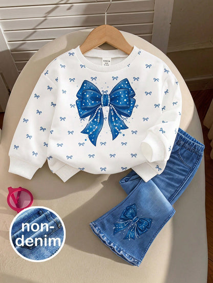 Baby Girl Knitted Round Neck Fitted Bow Pattern Sweatshirt And Flared Long Pants 2 Pieces Set