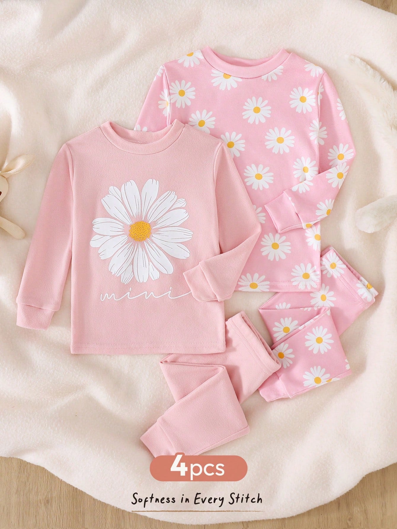 Baby Girl Snug Fit Pajama Set, Daisy Cartoon Print Crew Neck Long Sleeve Pullover Top, Elastic Waist Long Pants, Polka Dot Print, 4-Piece Set