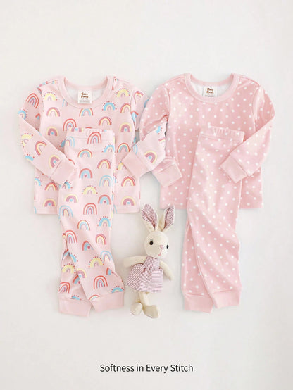 Baby Girl Snug Fit Pajama Set, Daisy Cartoon Print Crew Neck Long Sleeve Pullover Top, Elastic Waist Long Pants, Polka Dot Print, 4-Piece Set
