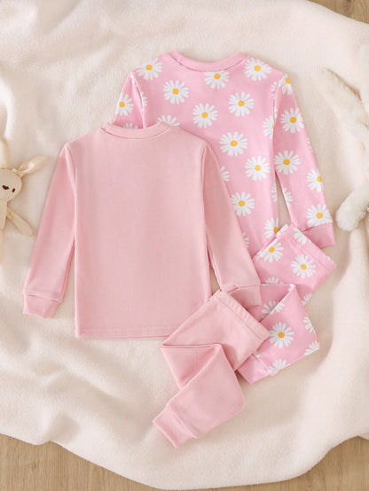 Baby Girl Snug Fit Pajama Set, Daisy Cartoon Print Crew Neck Long Sleeve Pullover Top, Elastic Waist Long Pants, Polka Dot Print, 4-Piece Set