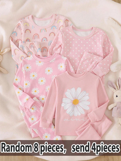 Baby Girl Snug Fit Pajama Set, Daisy Cartoon Print Crew Neck Long Sleeve Pullover Top, Elastic Waist Long Pants, Polka Dot Print, 4-Piece Set