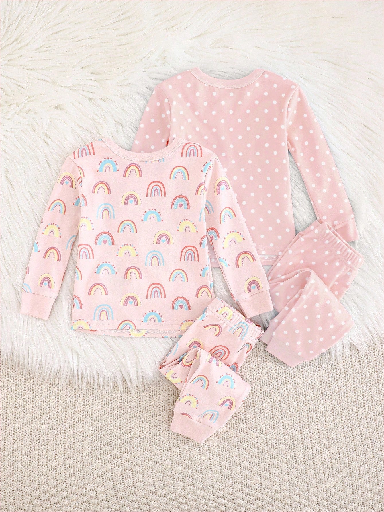 Baby Girl Snug Fit Pajama Set, Daisy Cartoon Print Crew Neck Long Sleeve Pullover Top, Elastic Waist Long Pants, Polka Dot Print, 4-Piece Set