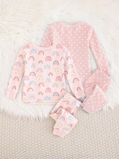 Baby Girl Snug Fit Pajama Set, Daisy Cartoon Print Crew Neck Long Sleeve Pullover Top, Elastic Waist Long Pants, Polka Dot Print, 4-Piece Set
